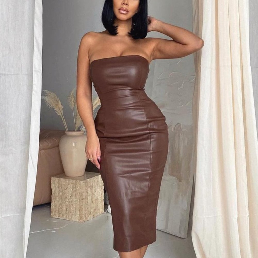 Meshki PAMELA Strapless Faux Leather Chocolate Dress - S